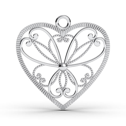 Sterling Silver Filigree Heart Pendant: Butterfly Charm Necklace