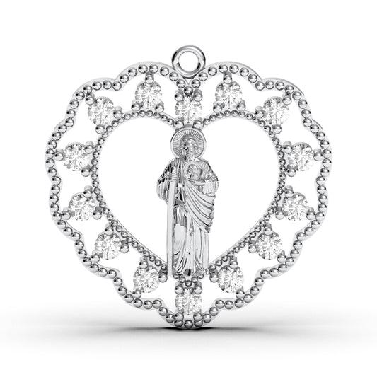 Sterling Silver St. Jude Heart Necklace: CZ Diamond Catholic Pendant