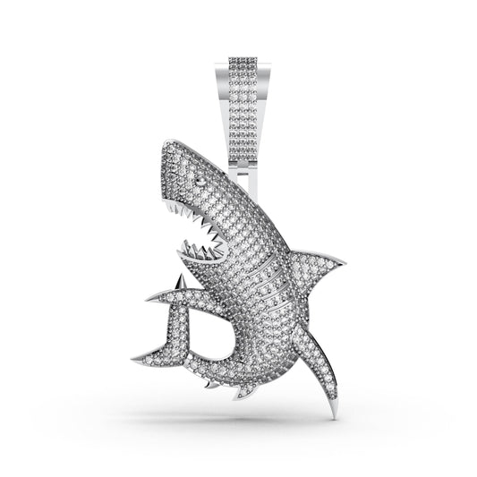 Sterling Silver Shark Pendant: CZ Diamond Animal Halloween Jewelry
