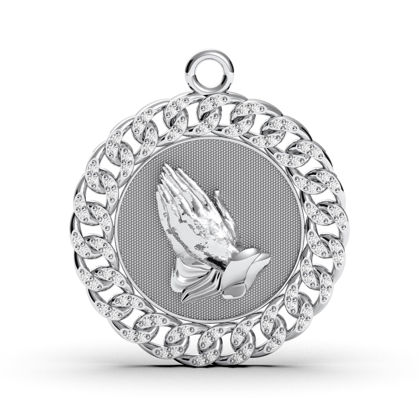 Praying Hands Medallion: Sterling Silver Cuban Link Pendant with Cubic Zirconia