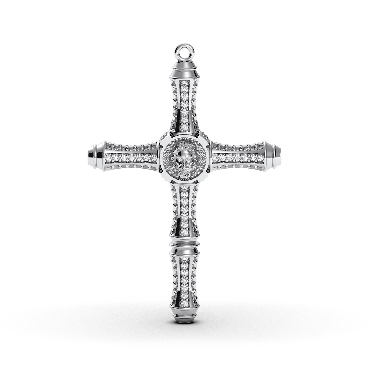 Sterling Silver Cross Pendant With Cubic Zirconia and Jesus Portrait Center, Detailed Faith Charm For Necklaces or Gifts