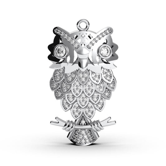 Sterling Silver Owl Pendant With Cubic Zirconia, Symbolic Wisdom Charm For Necklaces Or Meaningful Animal Jewelry Gifts