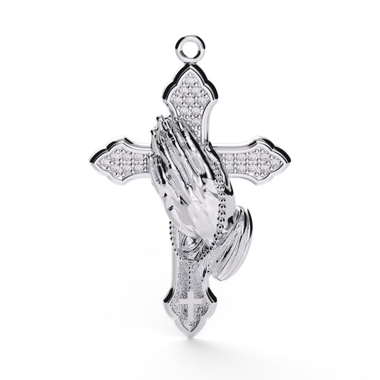 Cross Pendant in 925 Sterling Silver, Pendant Necklace with CZ Praying Hands Charm Jewelry, Religious Jewelry Gift For Her