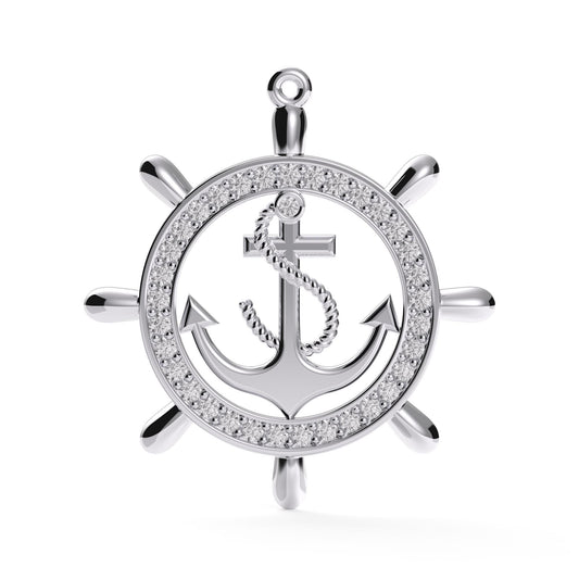 Nautical Anchor & Helm Pendant, 925 Sterling Silver Ship Wheel Charm, Pave CZ Sailor Jewelry, Maritime Gift for Him