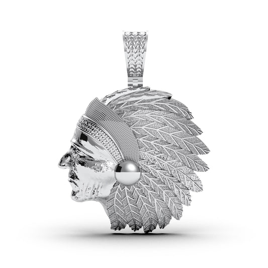 Chief Head Pendant in 925 Sterling Silver, Native American Necklace with Feather Headdress Charm, Unisex Iced Out Jewelry