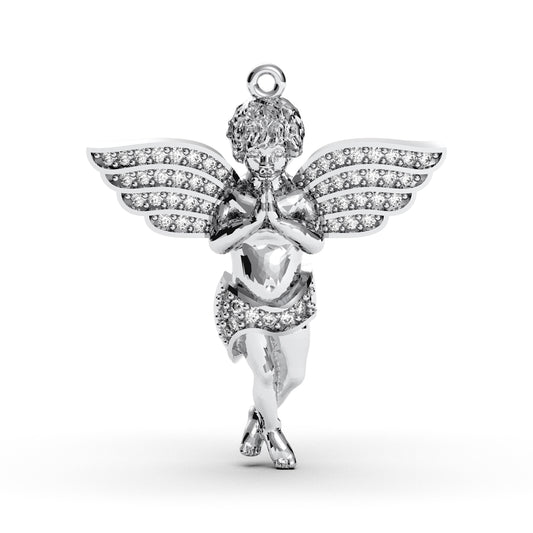 Praying Angel Pendant Necklace – Sterling Silver Cubic Zirconia Guardian Angel Jewelry, Sparkling Winged Charm, Gift for Her