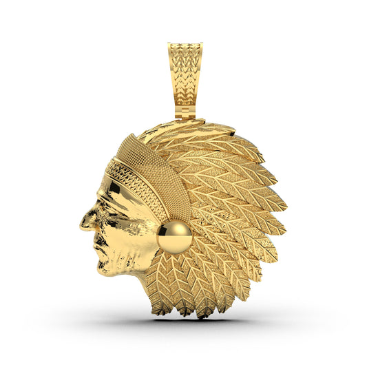 Chief Head Pendant in 925 Sterling Silver Gold Plated, Native American Necklace with Feather Headdress Charm, Unisex Iced Out Jewelry