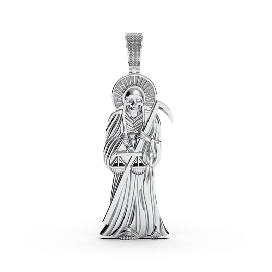 Santa Muerte Pendant in 925 Sterling Silver, Spiritual Necklace with Grim Reaper Protection Charm, Iced Out Jewelry