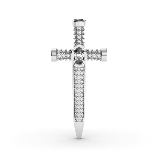 Sterling Silver Cross Pendant With Nail-Inspired Design and Cubic Zirconia, Edgy Gothic Charm Necklace Gift For Her or Him
