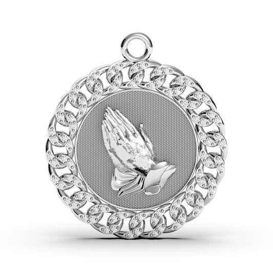 Praying Hands Medallion: Sterling Silver Cuban Link Pendant with Cubic Zirconia