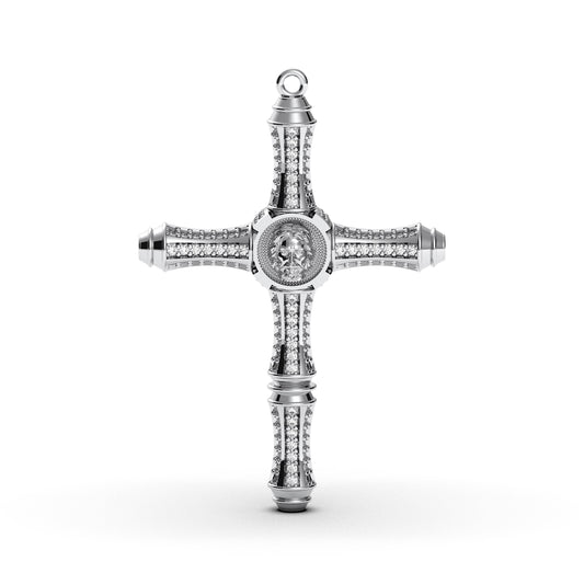 Sterling Silver Cross Pendant With Cubic Zirconia and Jesus Portrait Center, Detailed Faith Charm For Necklaces or Gifts